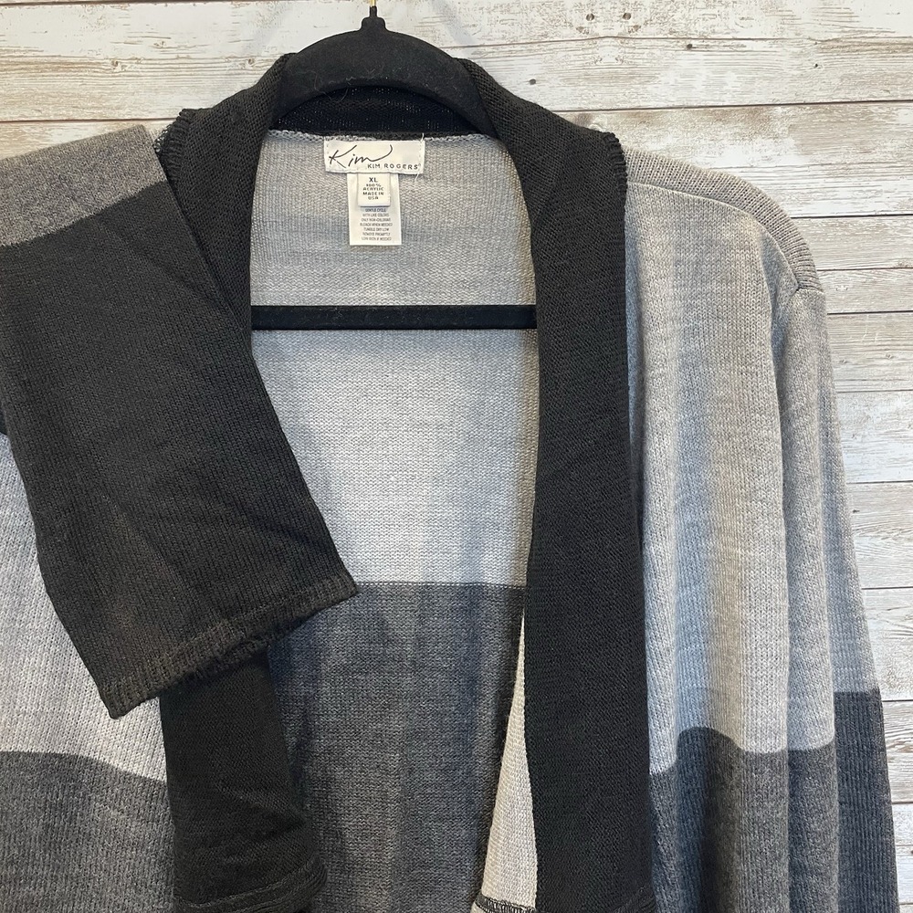Vintage Kim Rogers Womens XL Sweater Open Cardigan Gray & Black Color Block USA